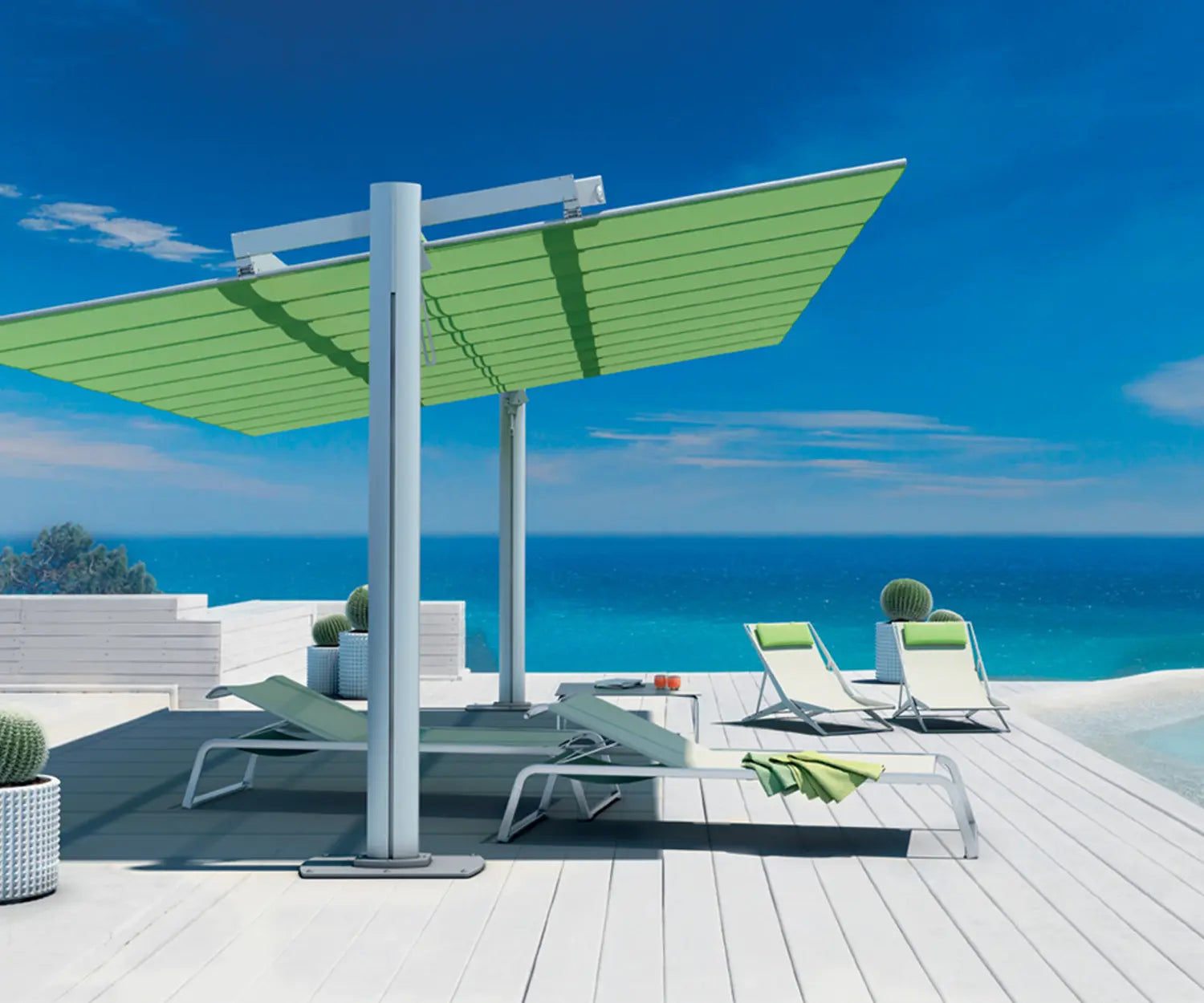 FIM Flexy 8' x 14 'Green patio umbrella on a wooden deck with lounge chairs and ocean view