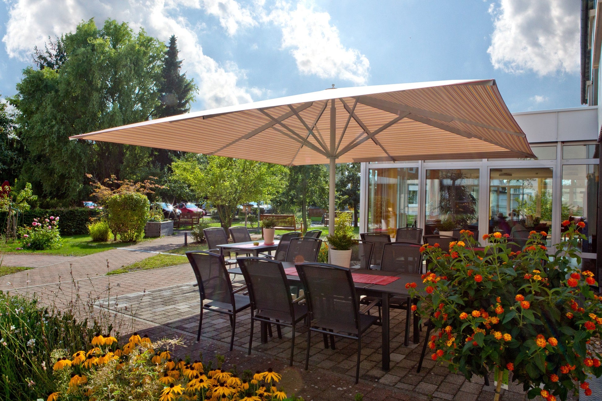 2 square patio umbrellas side by side GRANDPATIO Duo Sidepost Aluminum Cantilever Outdoor Umbrella this base can hold 4 sandbags with a total weight of 420 pounds for optimal stability Patio Kingdom Double-sided Patio Umbrella